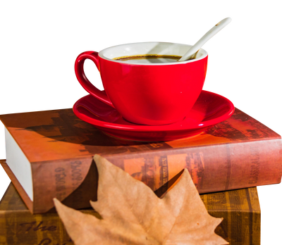 Red coffee cup on stacked mystery books with autumn leaf, cozy aesthetic for Brew & Clue blog theme.