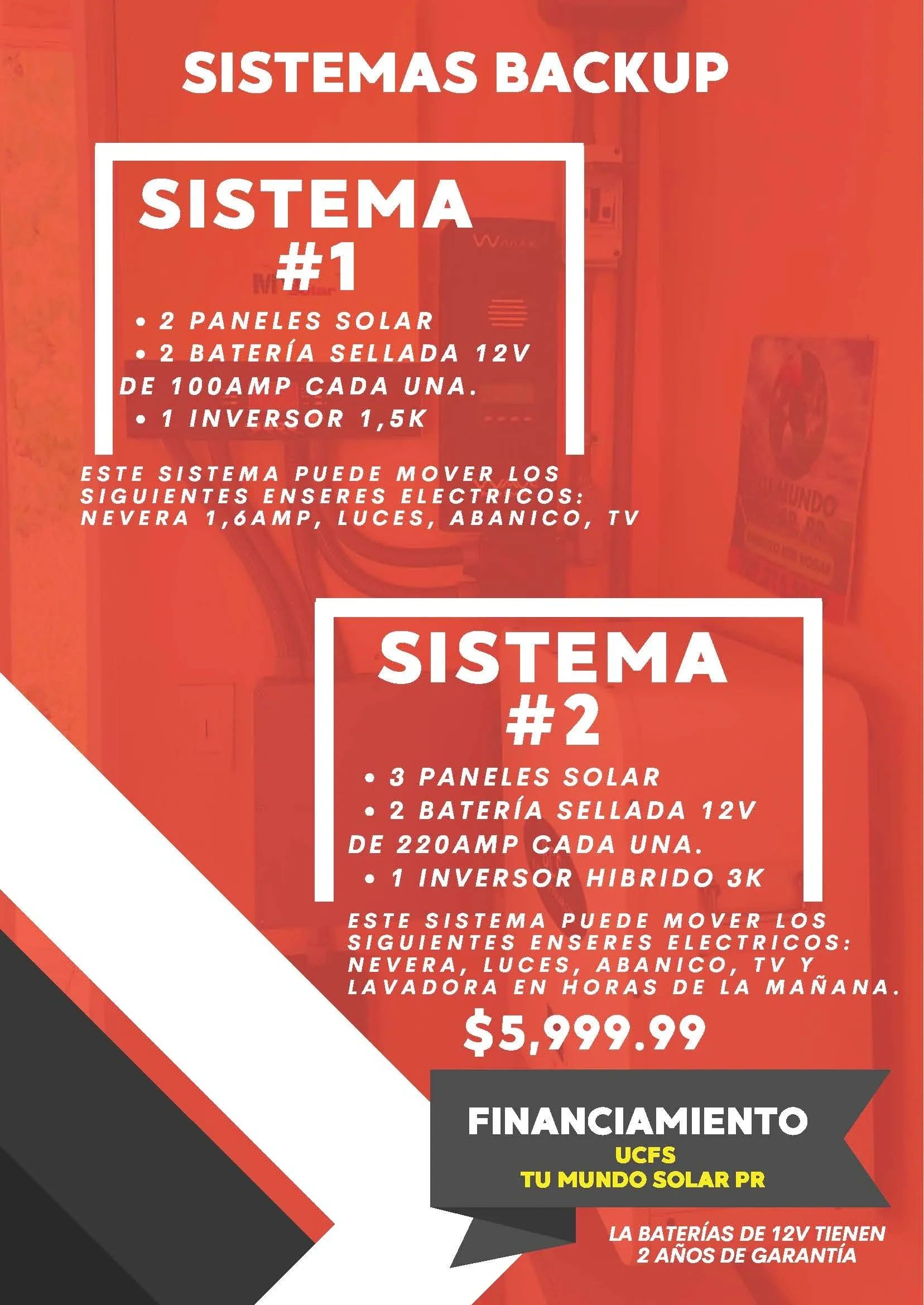 Dos sistemas de backup con paneles solares y baterías selladas, con financiamiento disponible.