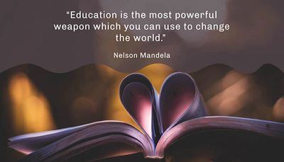 Open book with pages folded into a heart shape and a Nelson Mandela quote about education.