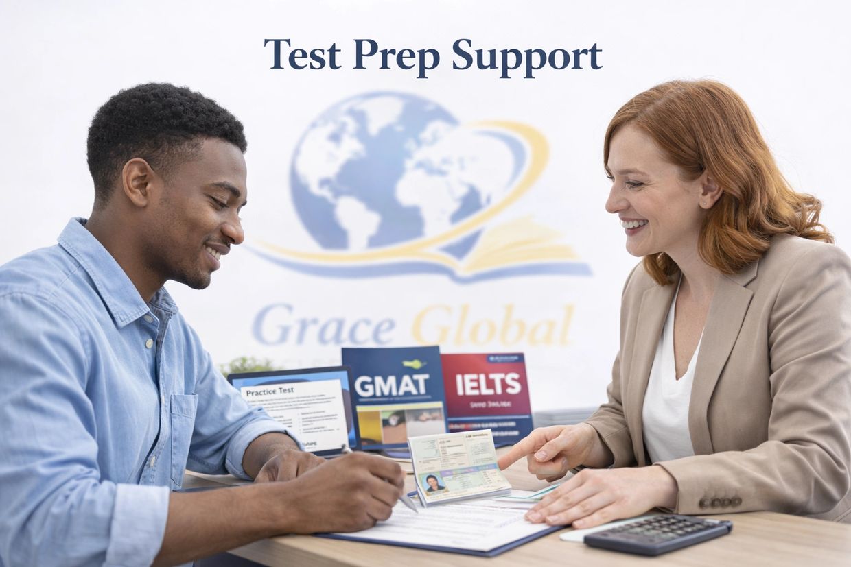 A cheerful tutor helping a student with test prep at Grace Global center.