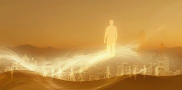 Glowing figure walking above a cityscape at sunset.