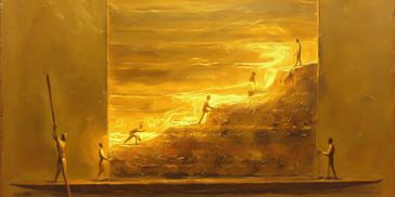 Golden-hued figures ascend a glowing staircase in a surreal, abstract scene.