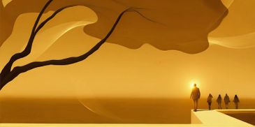 A lone figure stands near a tree in a warm, golden landscape.