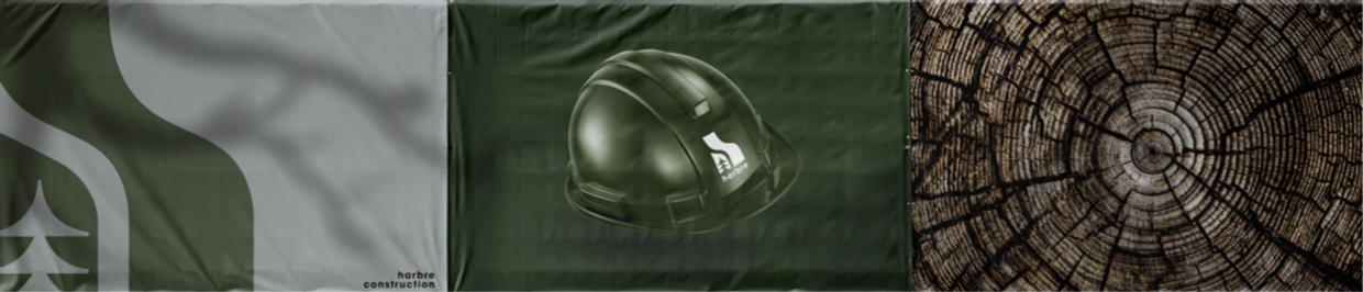 Three banners showing a tree icon, a green construction helmet, and a wood cross-section.