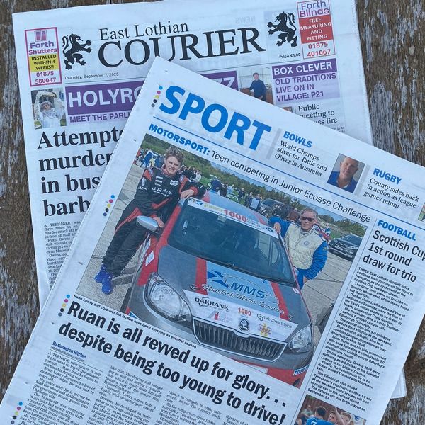 Newspaper sports section features junior motorsport competitors with a rally car.