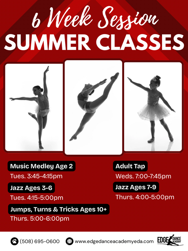 Summer dance classes for various ages offered in a 6-week session.
