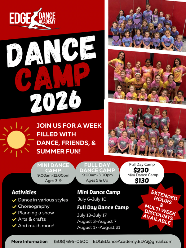 Dance Camp 2026 at Edge Dance Academy with fun activities for kids ages 3-9 and 5 &amp; up.