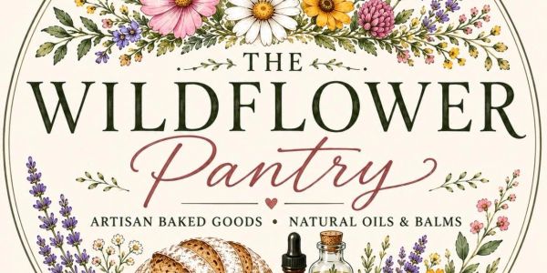 Elegant sign for The Wildflower Pantry with floral border and product highlights.