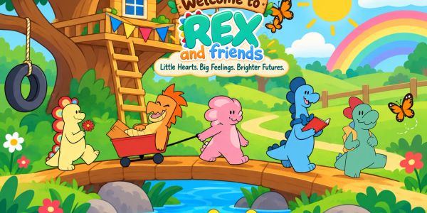 Colorful dinosaur friends crossing a bridge in a cheerful outdoor setting.