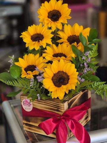 Bright sunflowers arranged in a wooden box with a red ribbon.