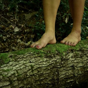 Bare feet with red nail polish standing on a mossy log in the forest.
