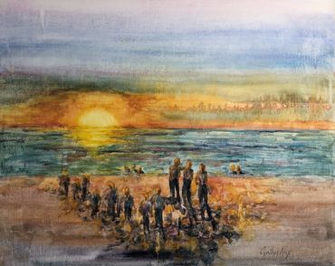 Sunset at Carmel. 16 x 20  Semi abstract  of people on the beach. Painted on watercolor canvas.