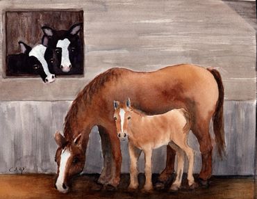 Based on a photo I took in a neighbor's barn with a mare and her foal as two cows watched them.