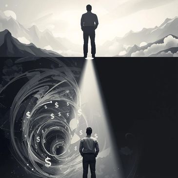 Man stands on a pedestal illuminated by light, facing a vortex with dollar signs beneath a silhouette on a mountain. self-healing