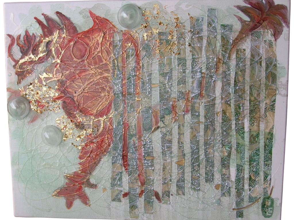 My Dragon Series
Hidden Dragon
Oil on Canvas , Medium, Glass Bubbles, Printed Rice Paper, Synthetic 