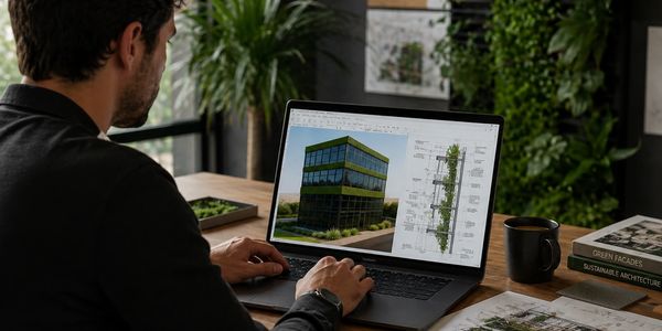 Architect reviewing green building design on laptop in a modern office.