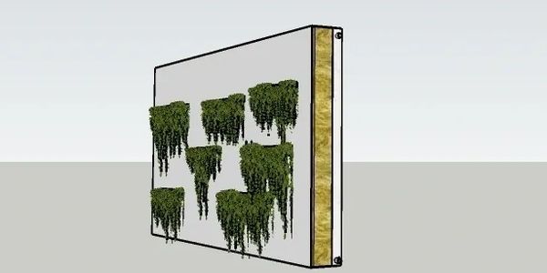 Wall panel with vertical garden and insulation layer.