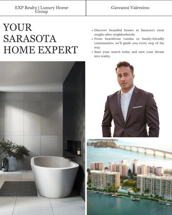 Luxury Sarasota homes expert Giovanni Valentino with modern interiors and waterfront views.