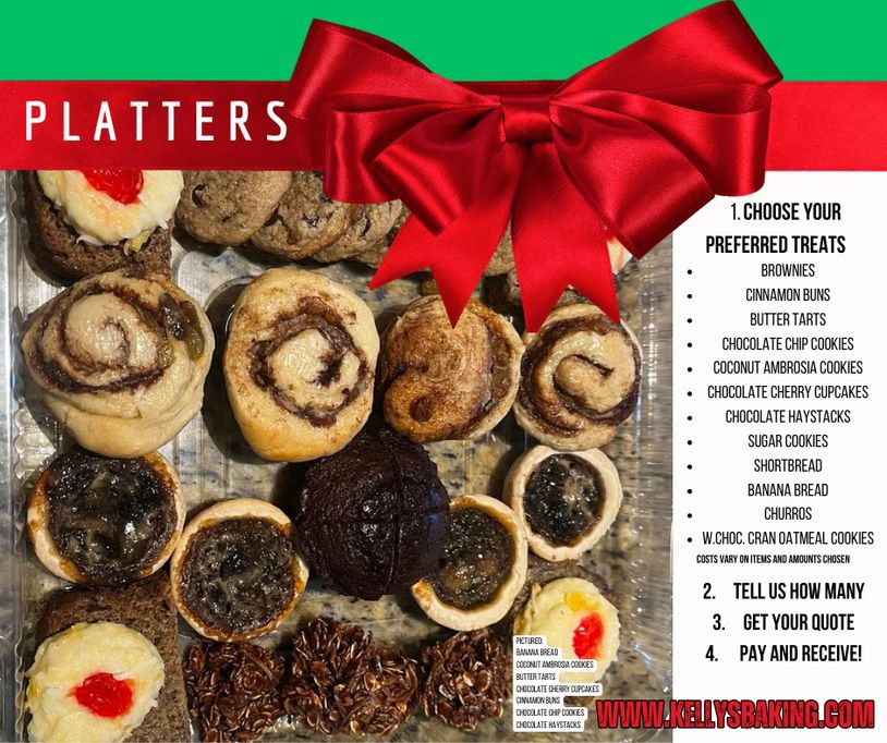 Holiday dessert platters with a variety of treats and a red bow.