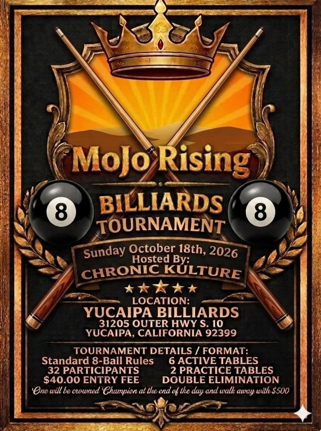 Mojo Rising Billiards Tournament flyer with date, location, and details.