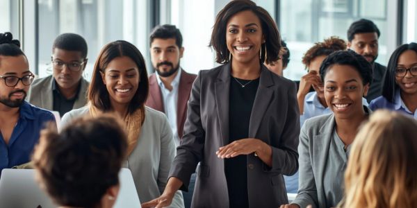 A confident woman leading a diverse group in a professional setting.