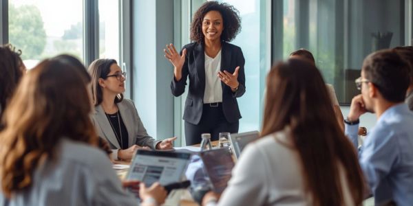 A woman confidently leads a business meeting with attentive colleagues around a table.