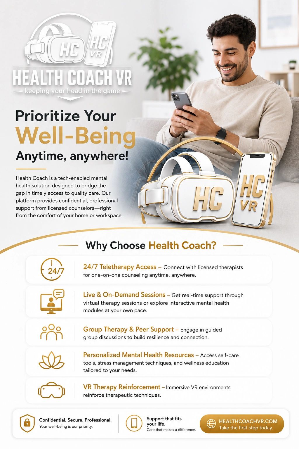 Health Coach VR offers accessible, confidential mental health support anytime, anywhere.