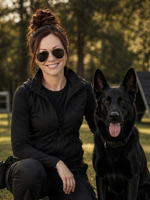 Woman with sunglasses and black dog outdoors.