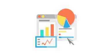 A graphic depicting a graph and pie chart looking like analytics