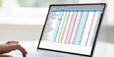 A laptop showing an excel spreadsheet with completed columns on the screen