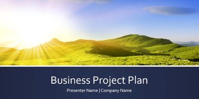 A PowerPoint opening slide with 'Business Project Plan' with green hills and a sunrise