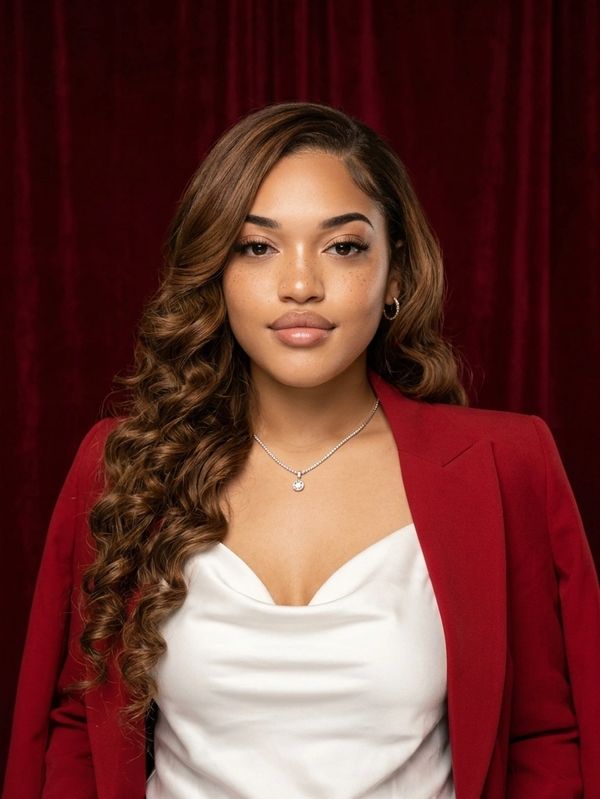 Confident woman dressed in red suit against burgundy backdrop.