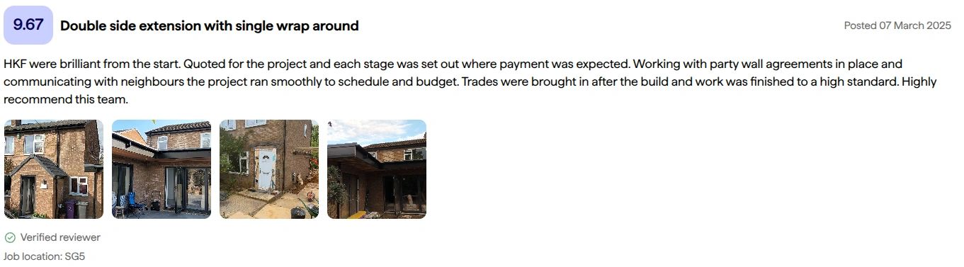 Positive review of home extension project with high praise.