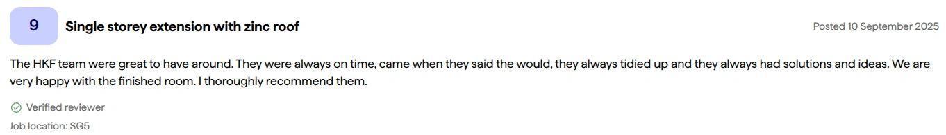 Positive review for single storey extension with zinc roof.