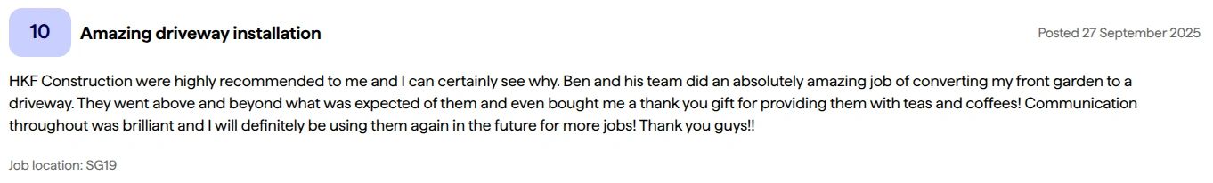 Positive review praising HKF Construction's driveway installation.