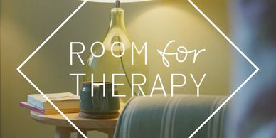 Logo of Room for Therapy with a picture of a comfy chair, table, lamp, books and cup.