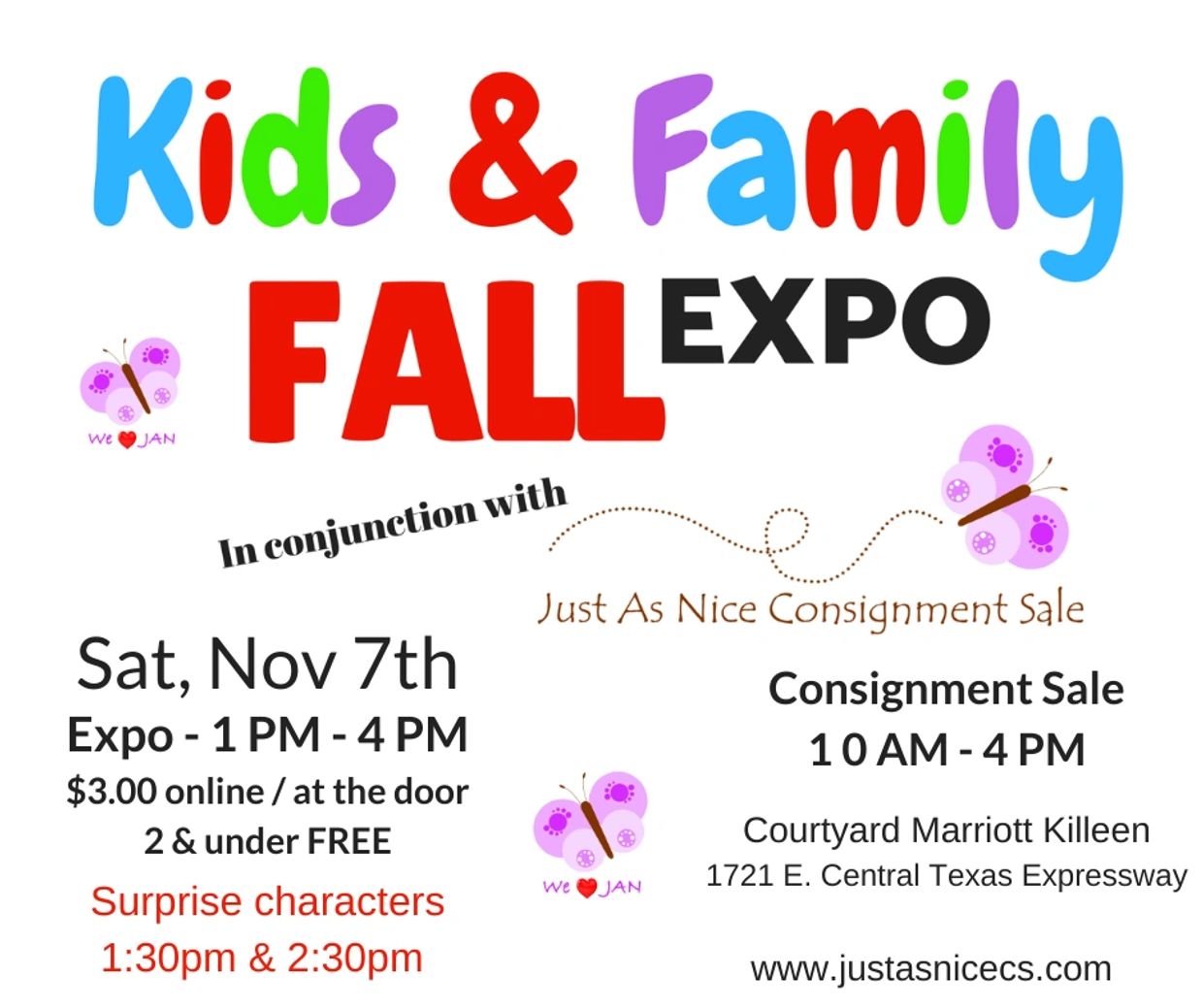 Kids &amp; Family Fall Expo event announcement with surprise characters and consignment sale.