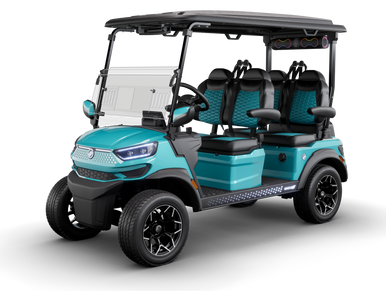 A teal and black electric golf cart with four seats and a roof.