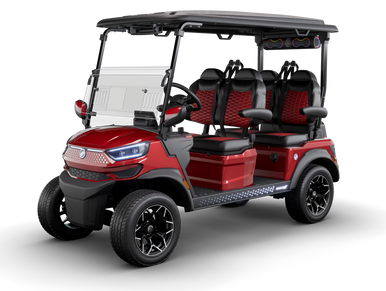 A stylish red golf cart with black and red seats and a roof.