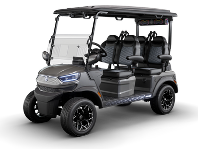 A sleek, modern electric golf cart with four seats and black detailing.