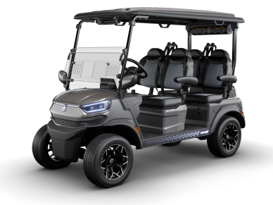A sleek, modern electric golf cart with four seats and black detailing.