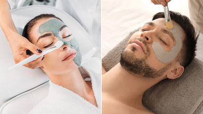 Two people receiving facial treatments with masks applied by professionals.