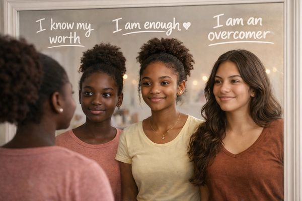 Three young women looking confidently in the mirror with empowering affirmations above their heads.