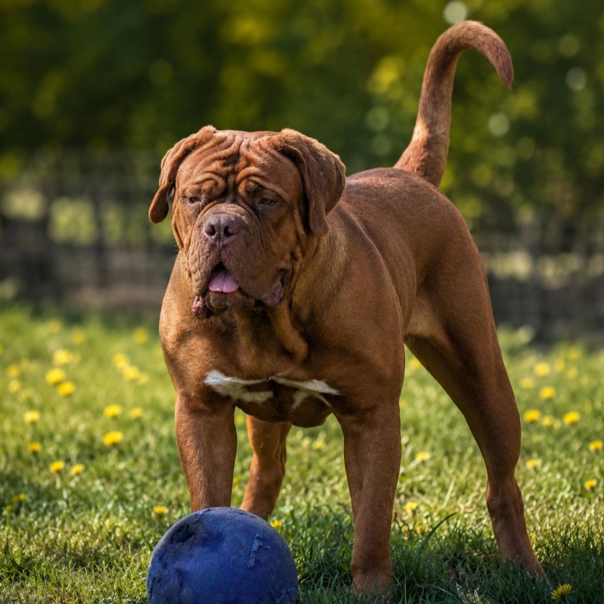 Muscular brown dog standing with a blue ball.