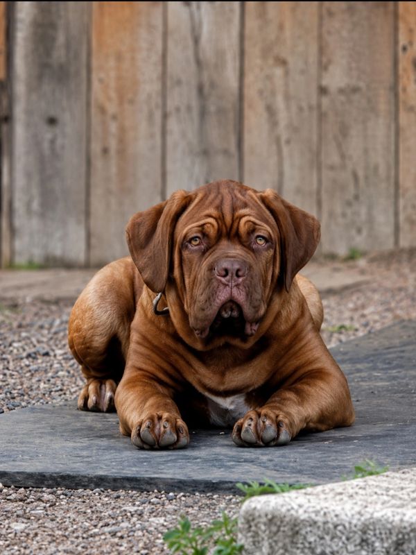 Argyle Bordeauxs Raising Expectations, a CKC Dogue de Bordeaux, relaxing outdoors at Argyle Bordeaux