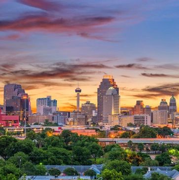 Sunset view of a city skyline with lush greenery in the foreground.