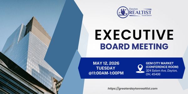 Dayton Realist Association Executive Board Meeting announcement with date, time, and location.