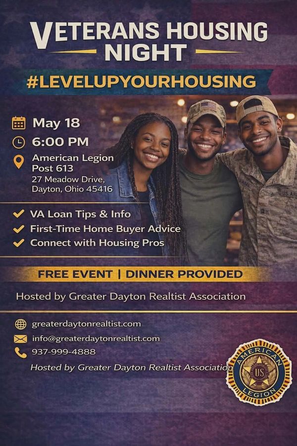 Veterans Housing Night event offering housing tips and free dinner on May 18 at American Legion, Dayton, Ohio.