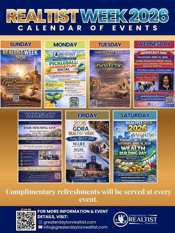 Calendar of events for Realtist Week 2026 from April 12-18 with various community activities.