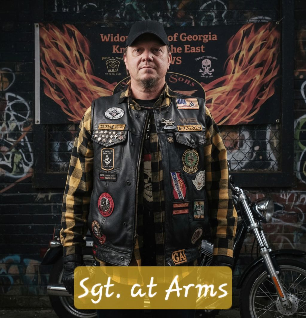 Man in biker vest with patches stands in front of a flaming wings mural.
